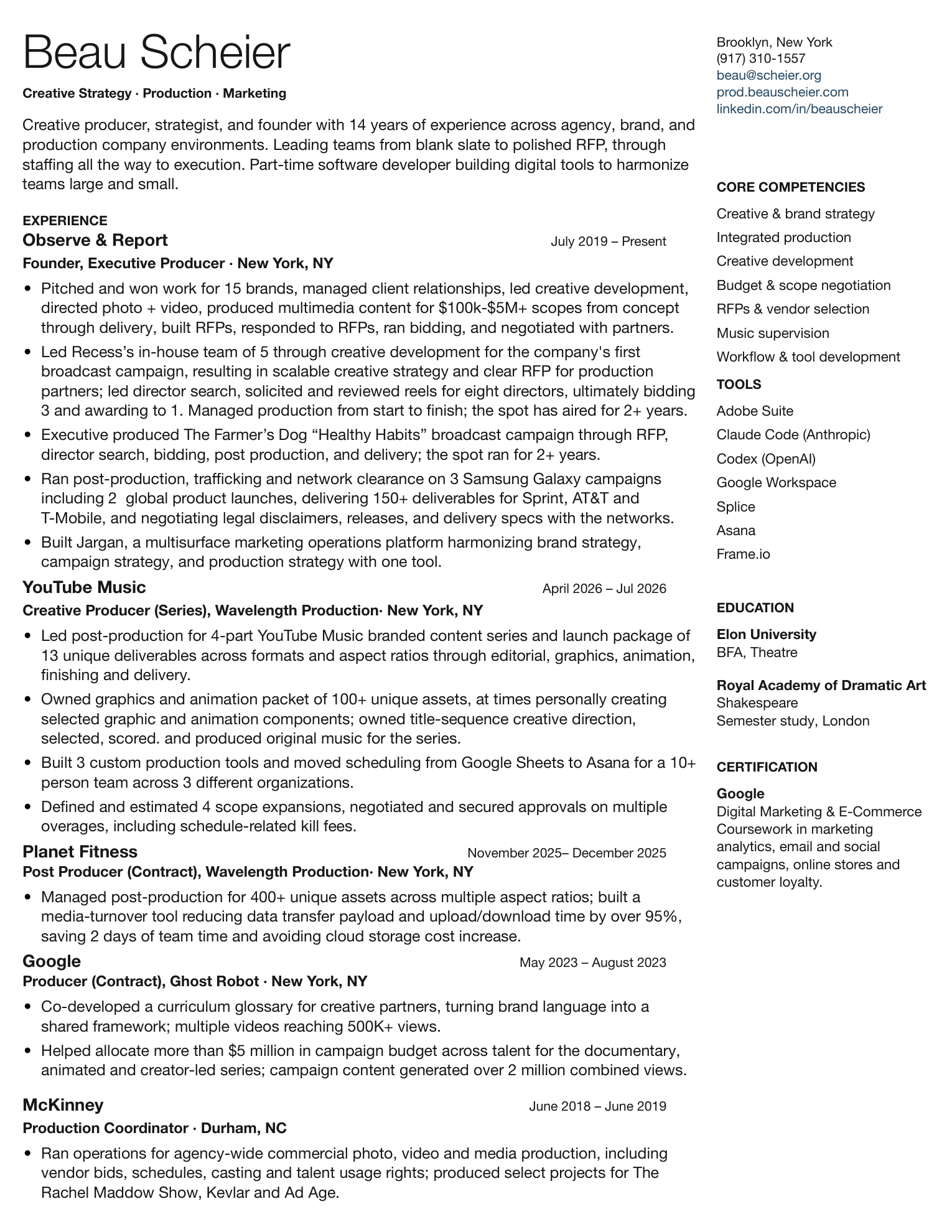 Page 1 of Beau Scheier’s résumé. The Read view contains the full accessible text.