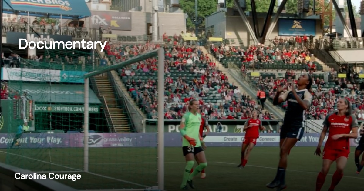 Documentary — Carolina Courage: project imagery with a transparent client mark overlaid directly on the image and a small project title.