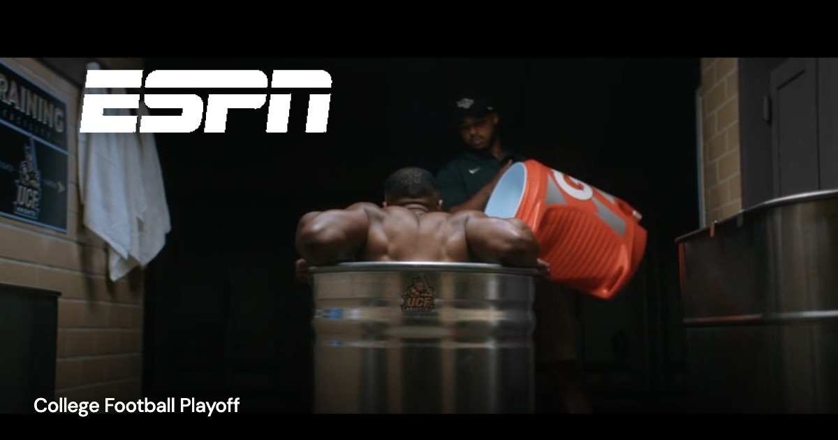 ESPN — College Football Playoff: project imagery with a transparent client mark overlaid directly on the image and a small project title.