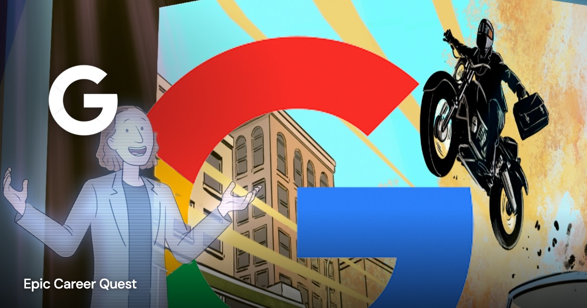 Google — Epic Career Quest: project imagery with a transparent client mark overlaid directly on the image and a small project title.