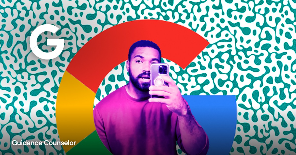 Google — Guidance Counselor: project imagery with a transparent client mark overlaid directly on the image and a small project title.