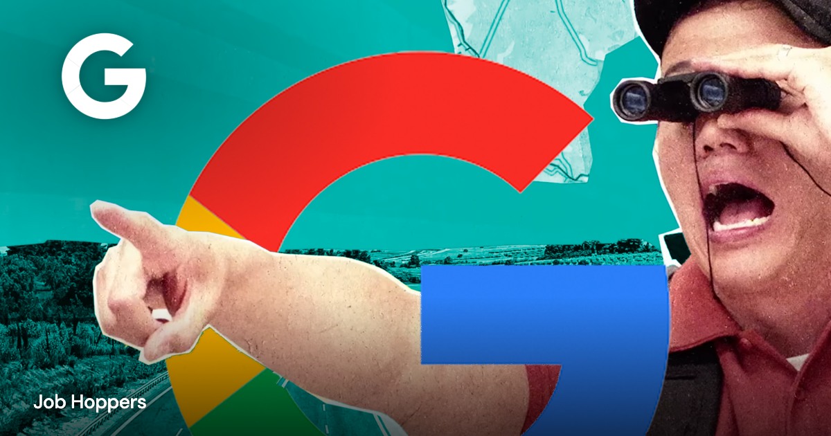 Google — Job Hoppers: project imagery with a transparent client mark overlaid directly on the image and a small project title.