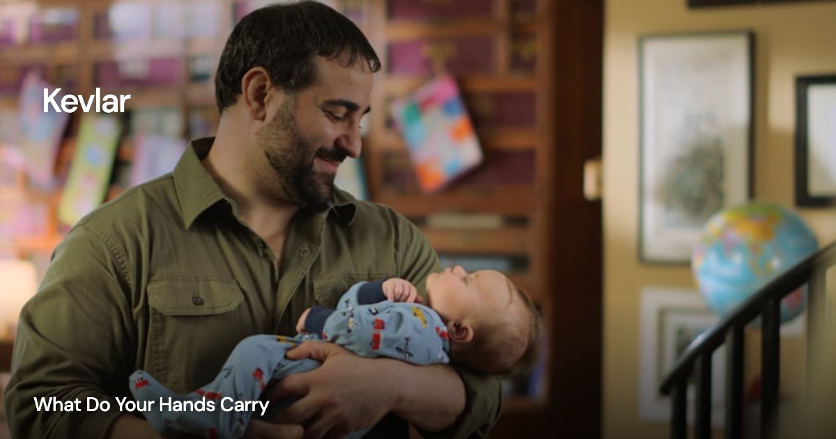 Kevlar — What Do Your Hands Carry: project imagery with a transparent client mark overlaid directly on the image and a small project title.