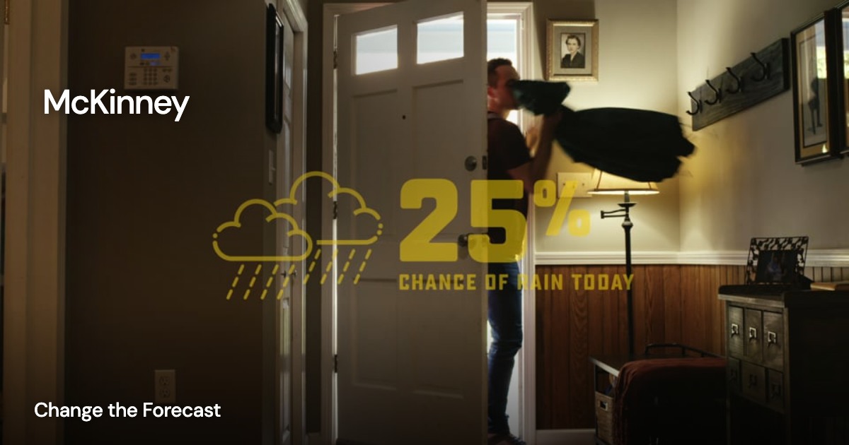 McKinney — Change the Forecast: project imagery with a transparent client mark overlaid directly on the image and a small project title.