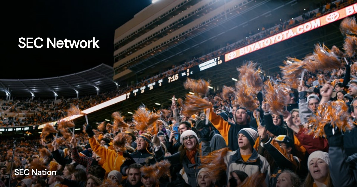 SEC Network — SEC Nation: project imagery with a transparent client mark overlaid directly on the image and a small project title.