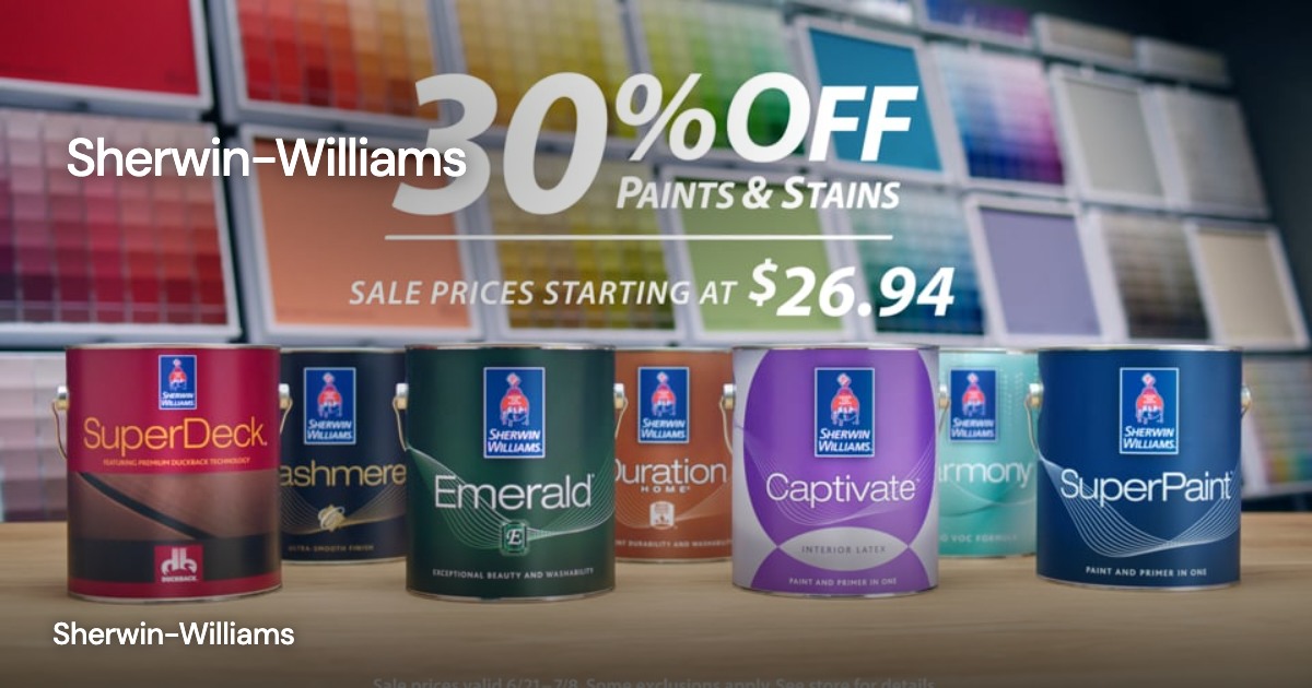 Sherwin-Williams — Sherwin-Williams: project imagery with a transparent client mark overlaid directly on the image and a small project title.
