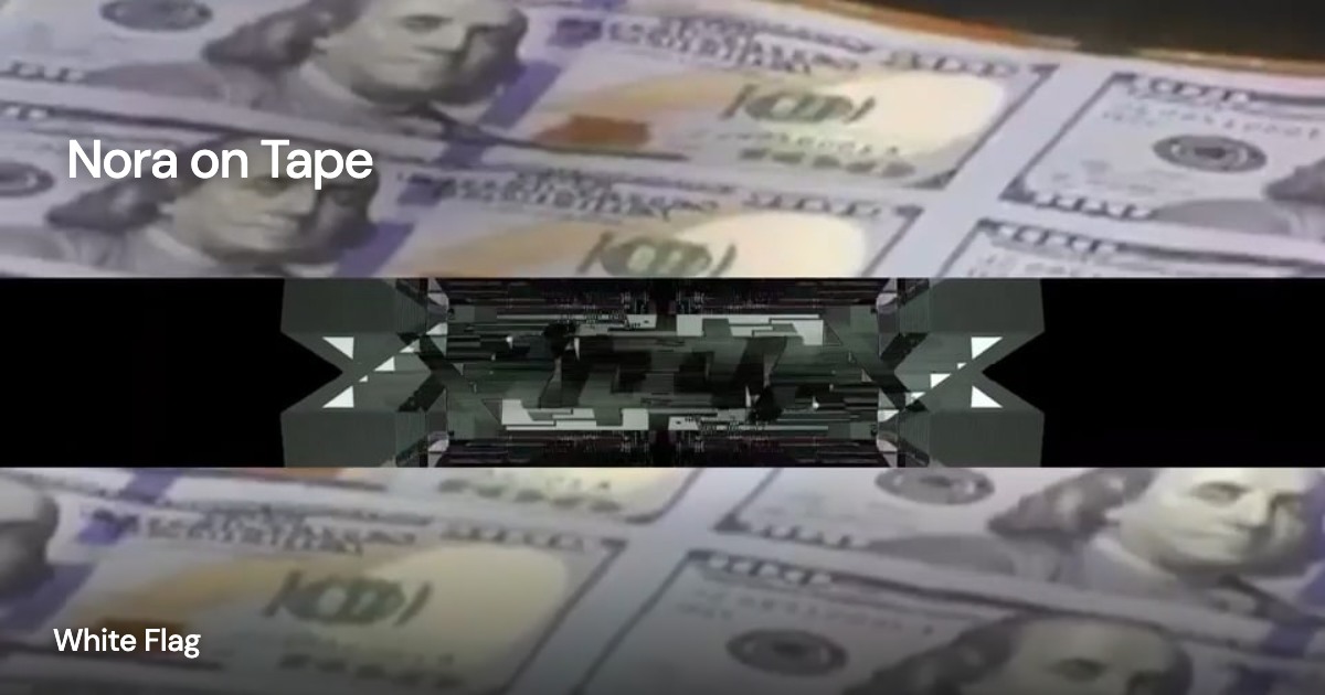 Nora on Tape — White Flag: project imagery with a transparent client mark overlaid directly on the image and a small project title.
