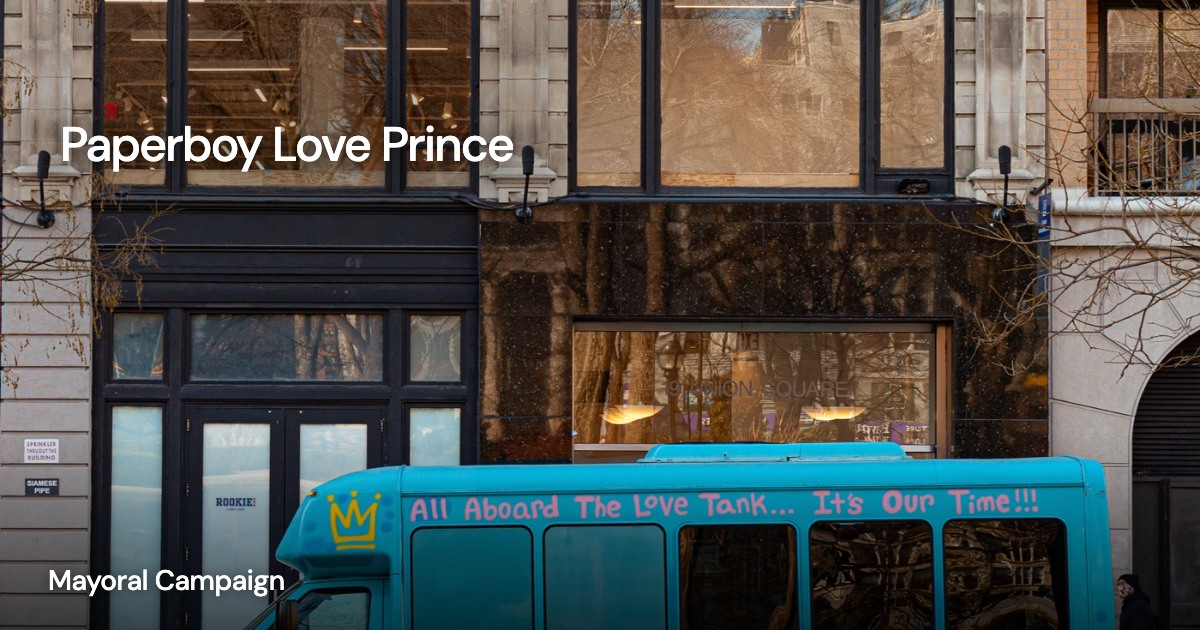 Paperboy Love Prince — Mayoral Campaign: project imagery with a transparent client mark overlaid directly on the image and a small project title.