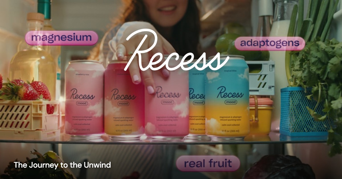 Recess — The Journey to the Unwind: project imagery with a transparent client mark overlaid directly on the image and a small project title.