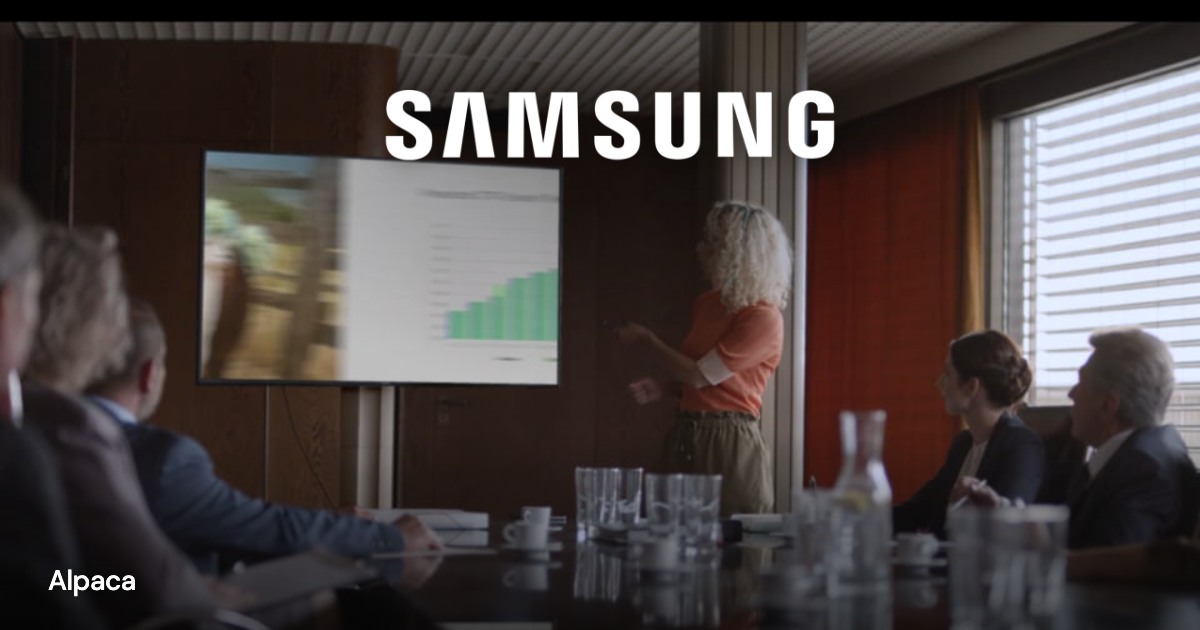 Samsung Galaxy — Alpaca: project imagery with a transparent client mark overlaid directly on the image and a small project title.
