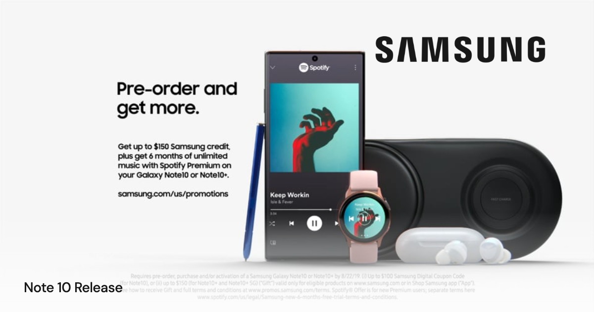 Samsung Galaxy — Note 10 Release: project imagery with a transparent client mark overlaid directly on the image and a small project title.