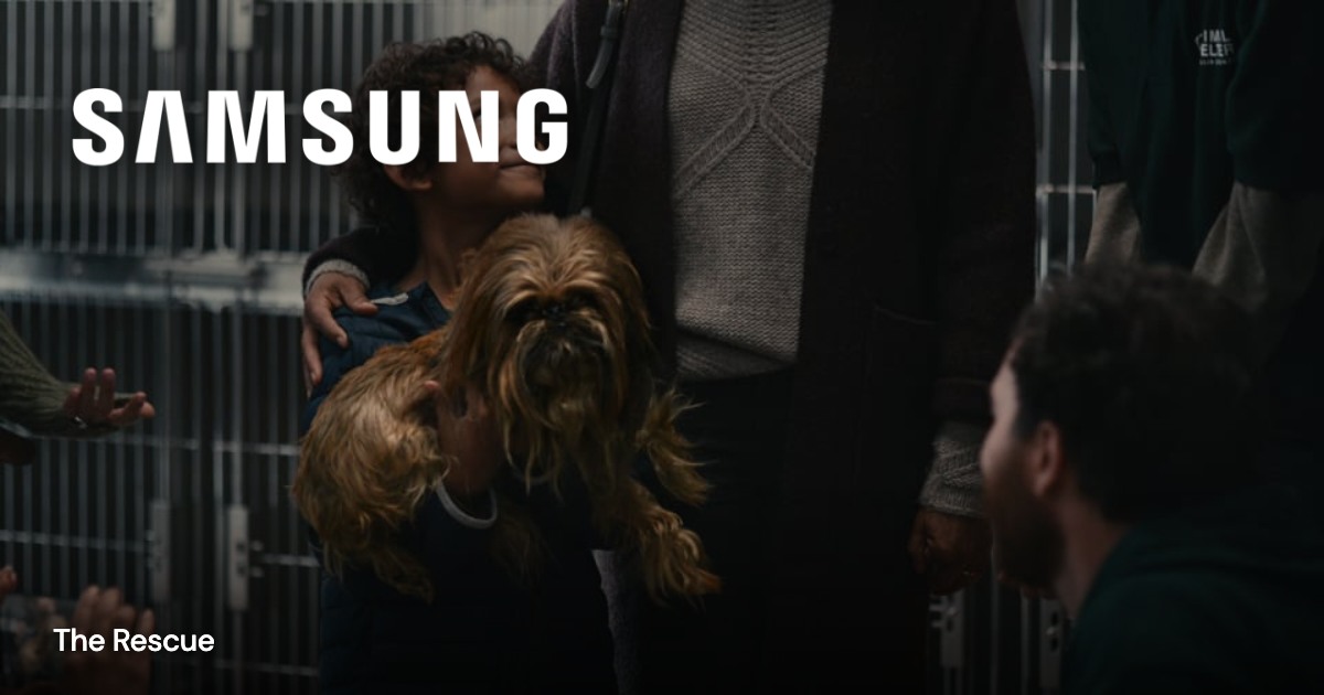 Samsung Galaxy — The Rescue: project imagery with a transparent client mark overlaid directly on the image and a small project title.