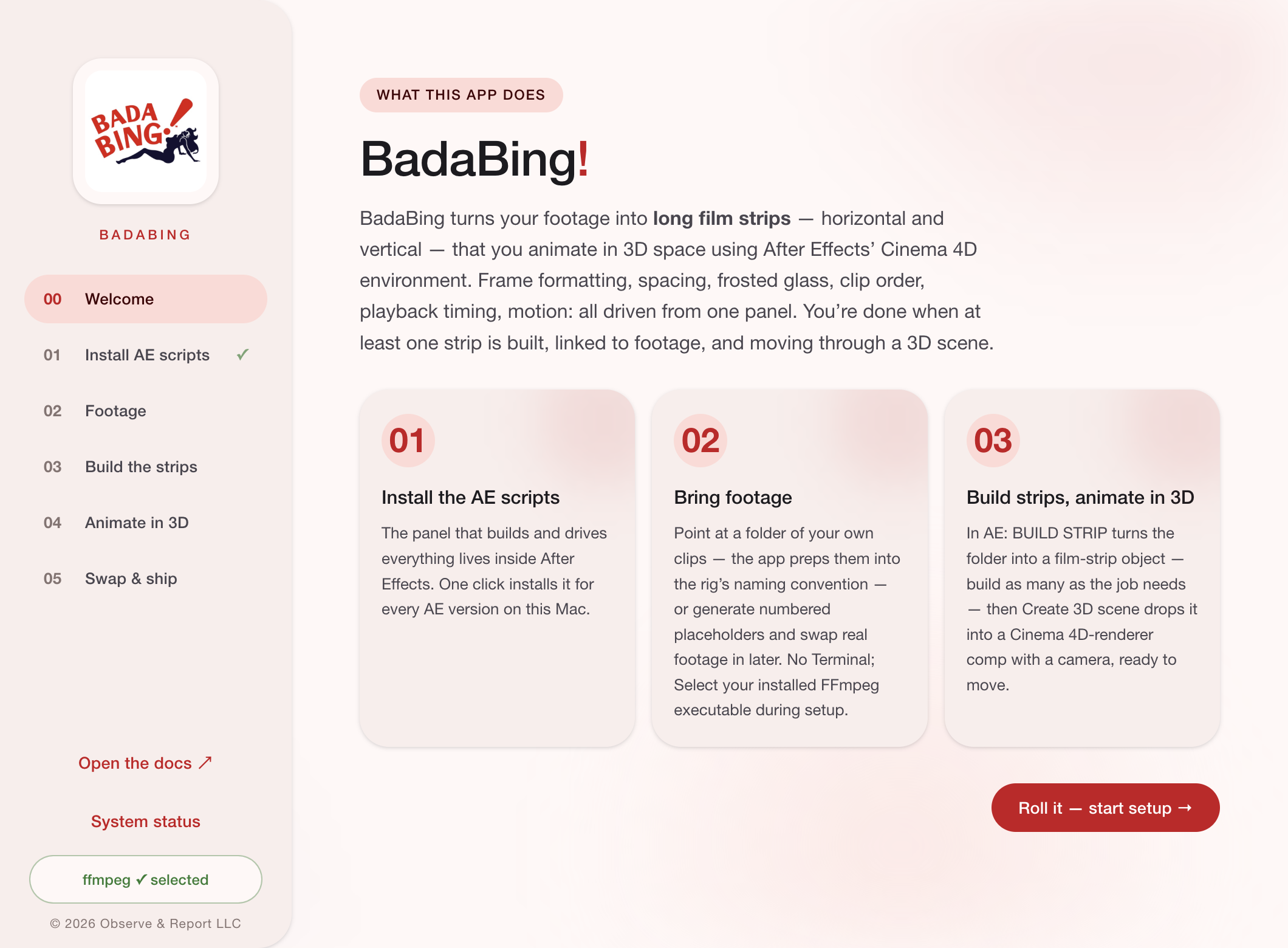 BadaBing interface with demonstration content