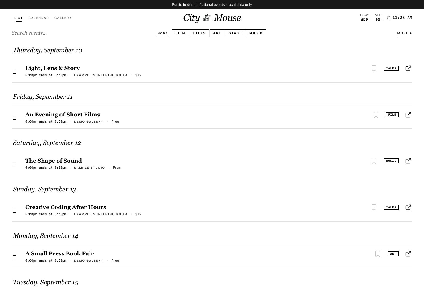 City Mouse interface with demonstration content