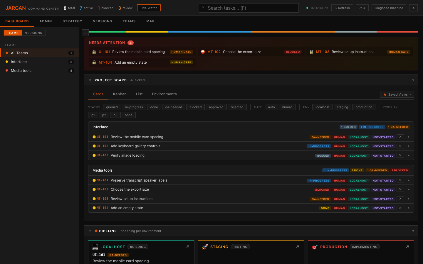 JARGAN Command Center showing fictional development requests grouped into Interface and Media tools teams.