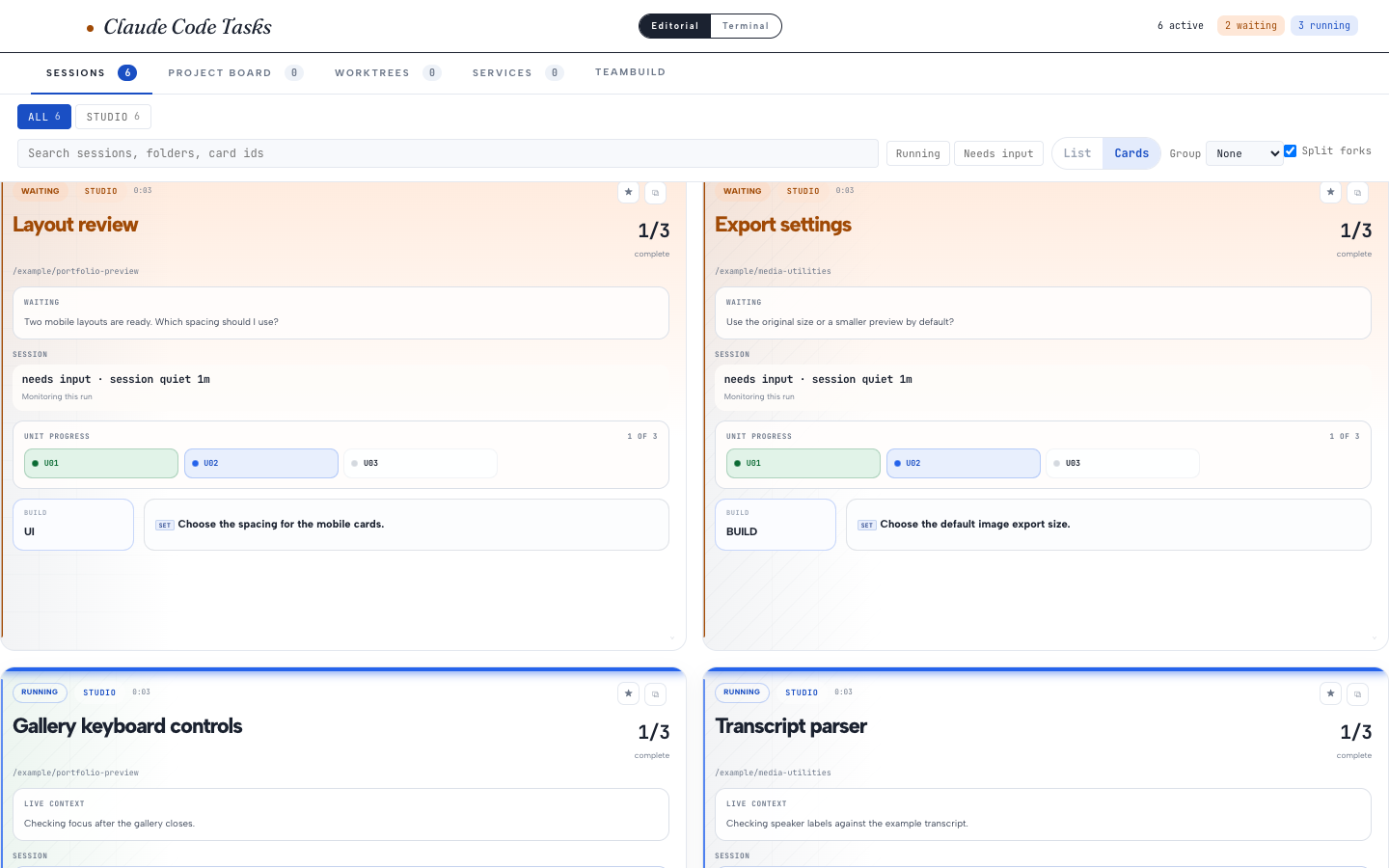 Claude Code Tasks dashboard showing six fictional agent sessions with running, waiting, and completed states.