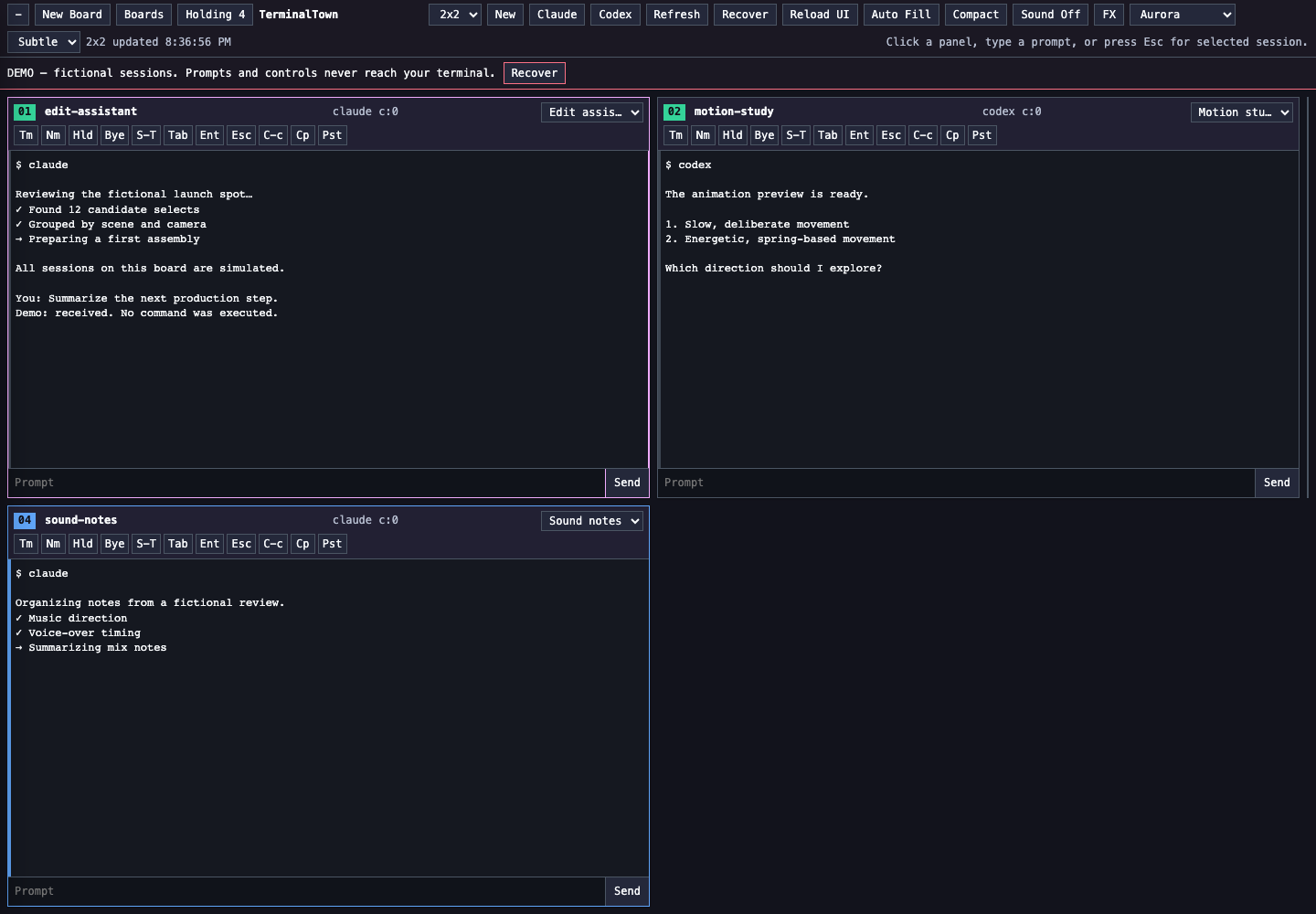 TerminalTown interface with demonstration content