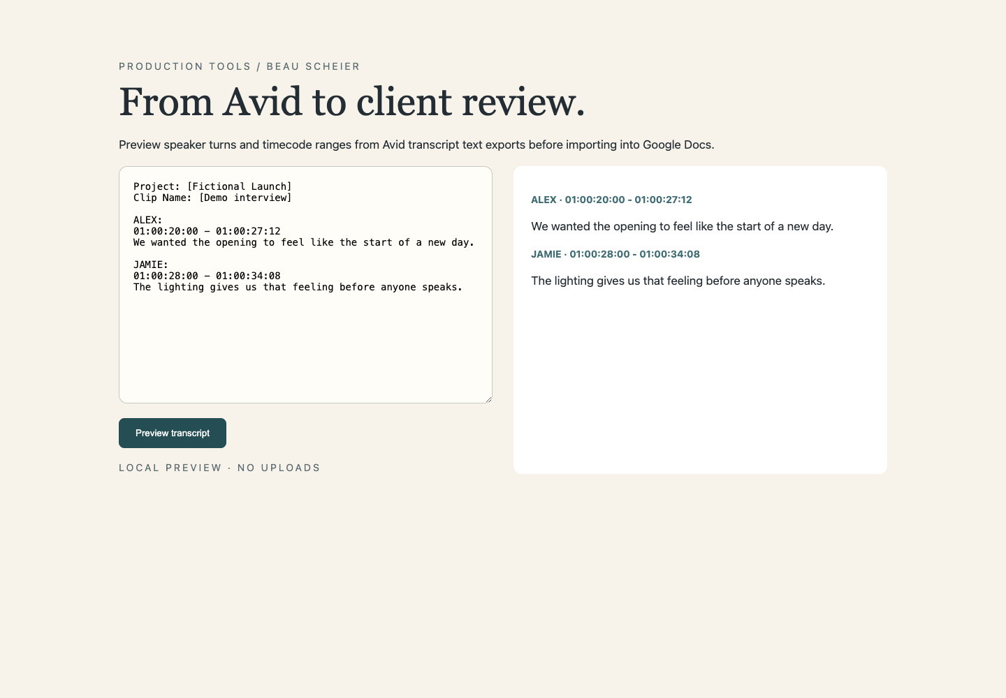 Avid Transcript Importer interface with demonstration content